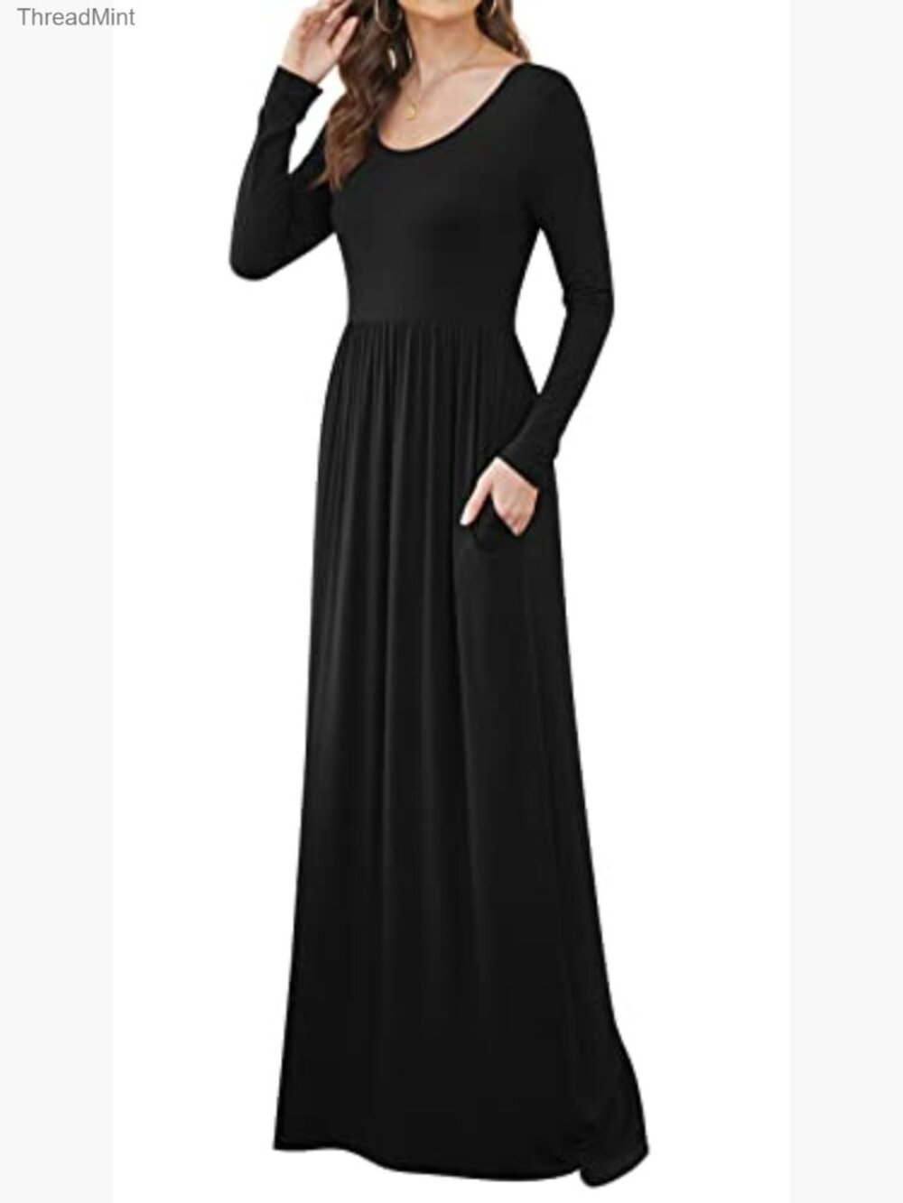 Long Sleeve Maxi Dress Empire Waist with Pockets Casual - Picture 4 of 6